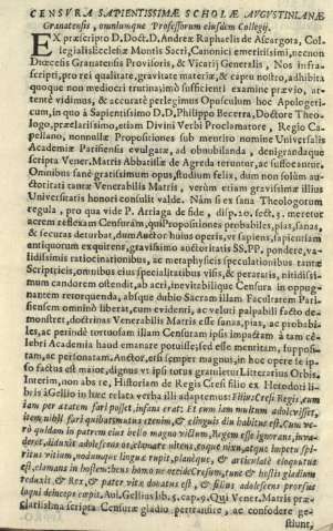 Censvra sapientissimae scholae Avgvstinianae Granatensis, omniumque Professorum eiusdem Collegii