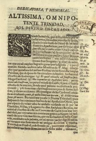 Dedicatoria, y memorial. Altissima, Omnipotente Trinidad, sol divino increado