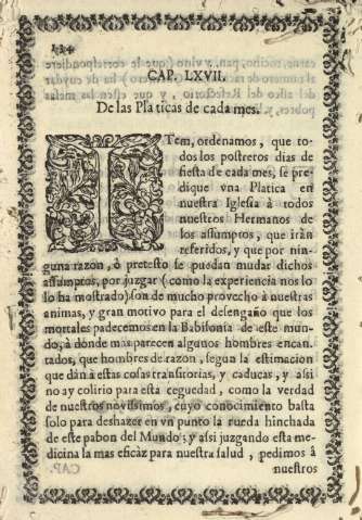Cap. LXVII. De las Platicas de cada mes