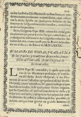 Svmario de todas,y cadavna de las gracias, y remission de pecados, concedidas al Venerable Archi-Hospital de los incurables