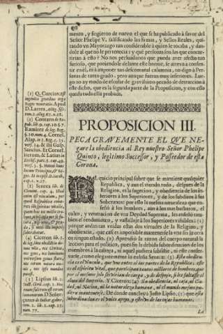 Proposicion III. Peca gravemente el qve negare la obediencia al Rey nuestro Señor Phelipe Quinto, legitimo Sucessor , y Posseedor de esta Corona 