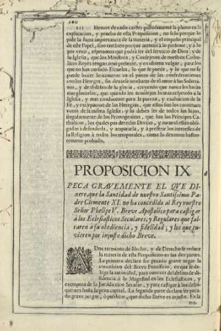 Proposicion IX. Peca gravemente el qve dixere, que la Santidad de nuestro Santissimo Padre Clemente XI ...