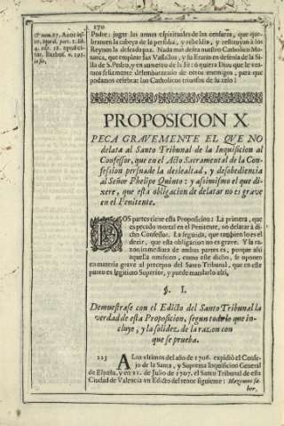 Proposicion X. Peca gravemente el qve no delata al Santo Tribunal de la Inquisicion al Confessor ...