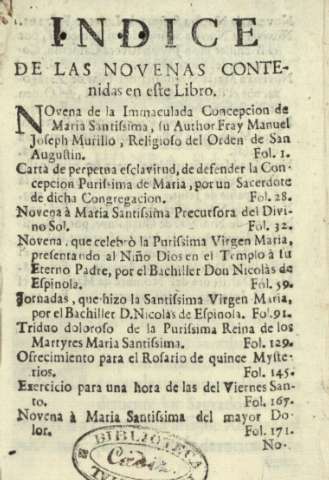 Indice de las novenas contenidas en este libro
