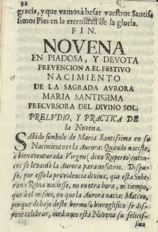 Novena en piadosa, y devota prevencion a el festivo nacimiento de la Sagrada Avrora ...