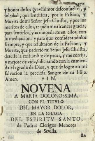 Novena a Maria Dolorossima, con el titvlo del mayor dolor, en la Iglesia del Espiritv Santo