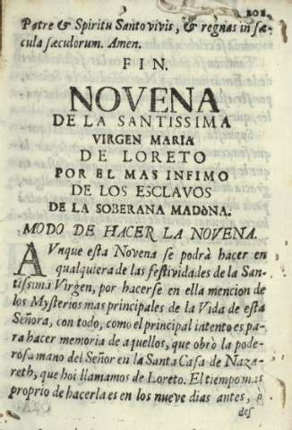 Novena de la Santissima Virgen Maria de Loreto por el mas infimo de los esclavos de la soberana Madòna