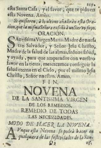 Novena de la Santissima Vigrne de los Remedios, remedio de todas las necesidades