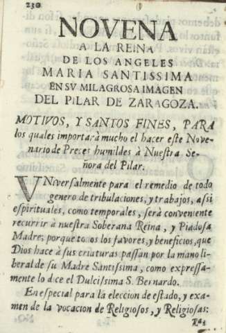 Novena a la reina de los angeles Maria Santissima en sv milagrosa imagen del Pilar de Zaragoza
