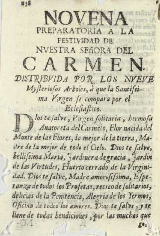 Novena preparatoria a la festividad de Nvestra Señora del Carmen distribvida por los nveve Mysteriosos Arboles ...
