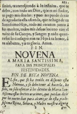 Novena a Maria Santissima, para svs principales festividades fin de esta novena