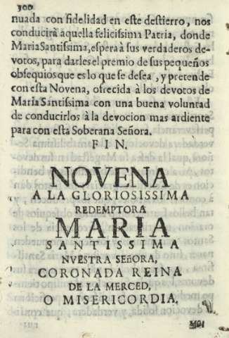 Novena a la gloriossima redemptora Maria Santissima Nvestra Señora, coronada reina de la Merced, o Misericordia