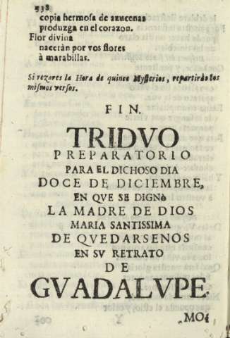 Tridvo preparatorio para el dichoso dia doce de diciembre, en qve se dignò la madre de Dios Maria Santissima de qvedarsenos en sv retrato de Gvadalvpe