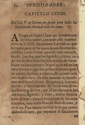 Capitvlo LXXXII. Del Lib.V. de Cerone, en donde pone todos los Saeculorum Amen,de todos los tonos