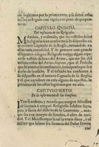 Capitvlo qvinto. Del vesturario de los Religiosos. Capitvlo sexto. De la reformacion de las limosnas