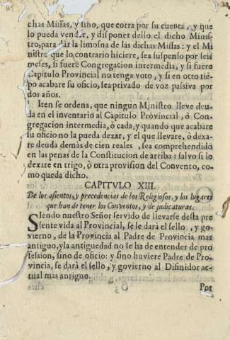 Capitvlo XIII. De los asientos, y precedencias de los Religiosos, y los lugares que han de tener los Conventos,y de judicaturas