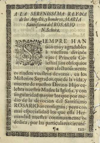 A la serenissima reyna de los Angeles, y hombres, Maria Santissima del Rosario N.Señora