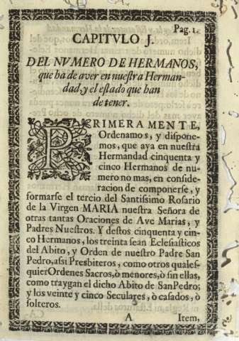 Capitulo I. Del nvmero de hermanos, que ha de aver en nuestra Hermandad,y el estado que han de tener