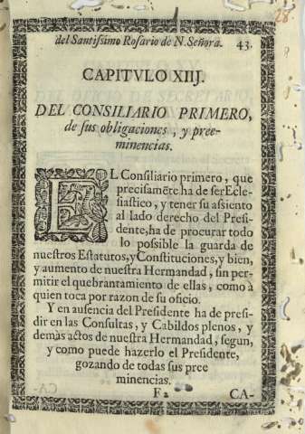 Capitvlo XIII. Del consiliario primero, de sus obligaciones , y preeminencias