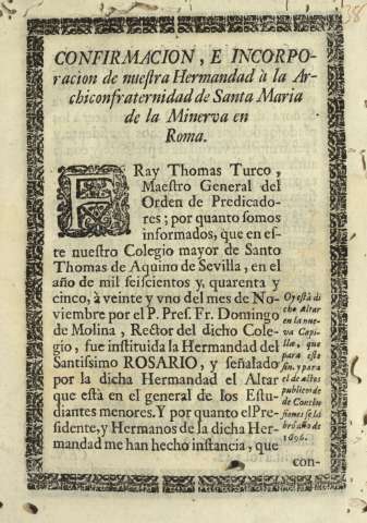 Confirmacion , e incorporacion de nuestra Hermandad à la Archiconfraternidad ...