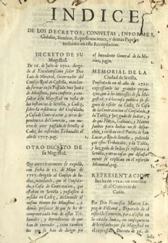 Indice de los decretos, consvltas, informes, Cèdulas, Sondeos, Representaciones ...