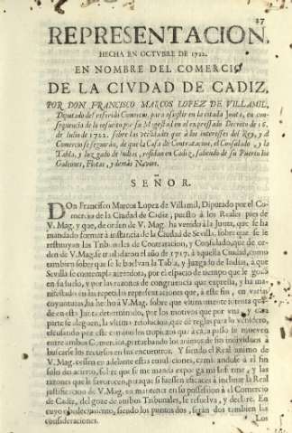 Representacion hecha en octvbre de 1722. En nombre del comercio de la civdad de Cadiz
