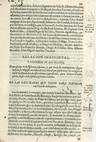 Relacion individual y pareceres de los pilotos, Expressados en la Relacion adjunta , y que và en su continuacion ...