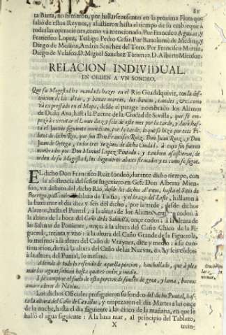 Relacion individual en orden a vn sondeo. Que su Magestad ha mandado hazer en el Rio Guadalquivir ...