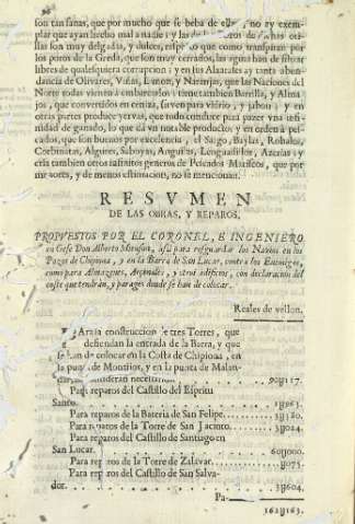 Resvmen de las obras, y reparos, propvestos por el coronel, e ingeniero en Gefe ...