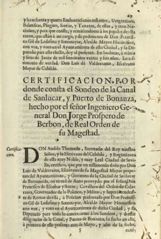 Certificacion por donde consta el Sondeo de la Canal de Sanlucar, y Puerto de Bonanza ...