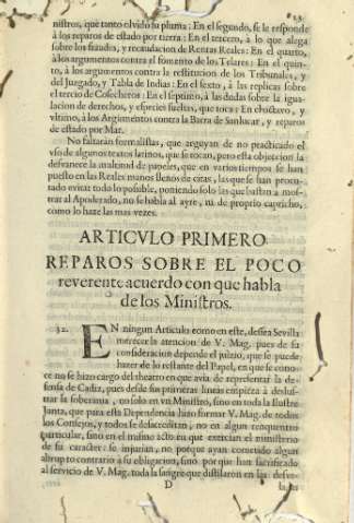 Articvlo primero. Reparos sobre le poco reverente acuerdo con que habla de los Ministros