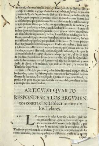Articvlo qvarto. Respondese a los argvmentos contra el restablecimiento de los Telares