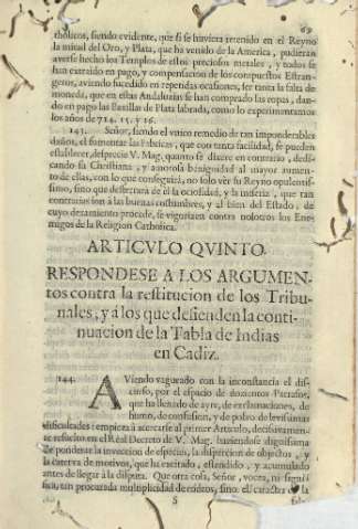 Articvlo qvinto. Respondese a los argvmentos contra la restitucion de los Tribunales ; y á los que defienden la continuacion de la Tabla de Indias en Cadiz