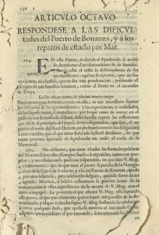 Articvlo octavo. Respondese a las dificvltades del Puerto de Bonanza, y á los reparos de estado por Mar