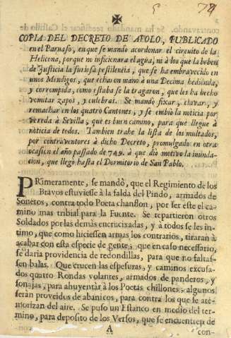 Copia del decreto de Apolo, publicado en el Parnaso, en que se mandò acordonar el circuito de la Heliconia ...