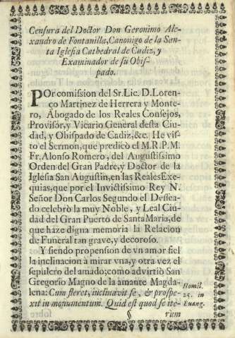 Censura del Doctor Don Geronimo Alexandro de Fontanilla,Canonigo de la Santa Iglesia Cathedral de Cadiz ...
