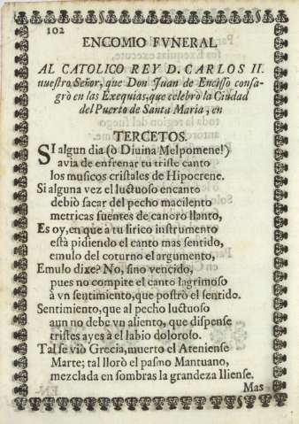 Encomio fvneral al catolico rey D. Carlos II nuestro Señor, que Don Juan de Encisso consagrò ...