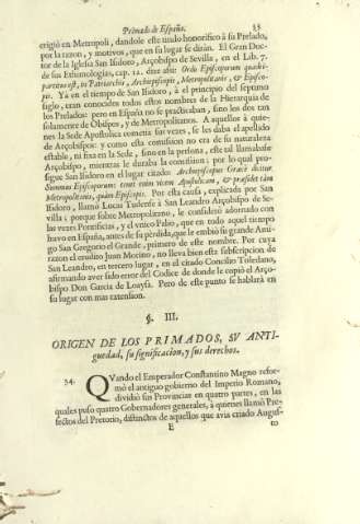 Ss. III. Origen de los primados, sv antiguedad, su significacion, y sus derechos