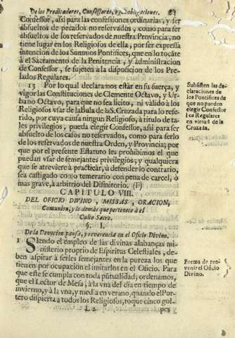 Capitulo VIII. Del oficio divino, missas, oracion, Comunion, y lo demàs que pertenece à el Culto Sacro 