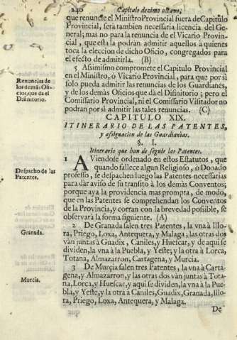 Capitulo XIX. Itinerario de las patentes, y asignacion de las Guardianìas