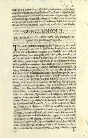 Conclusion II. El exhorto, y auto son gravemente injuriosos à la Jurisdiccion Ecclesiastica