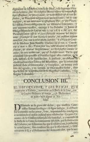 Conclusion III. El governador, y los demas, que cooperan al Exhorto, incurrieron en la Bulla de la Cena ...