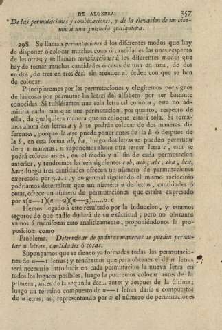 De las permutaciones y combinaciones, y de la elevacion de un binomio a una potencia qualquiera