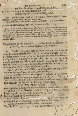 Comparacion de las superficies y volúmenes de los cuerpos en general, y en particular quando son semejantes
