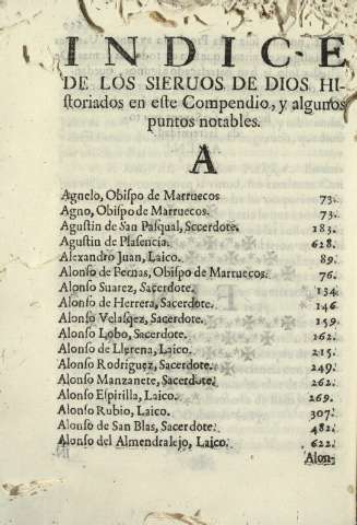 Indice de los sieruos de Dios historiados en este Compendio, y algunos puntos notables