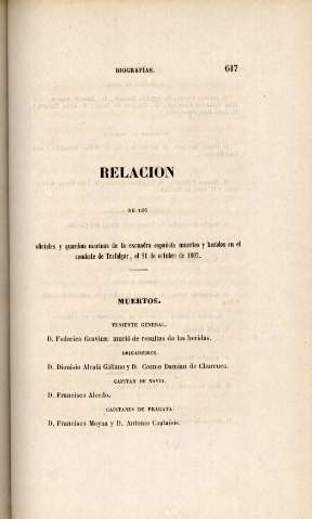 Relacion de los oficiales y guardias marinas de la escuadra española muertos y heridos en el combate de Trafalgar, el 21 de octubre de 1805