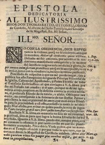 Epistola. Dedicatoria al ilustrissimo señor Don Thomas Ratto, Ottoneli, obispo de Cordoba...