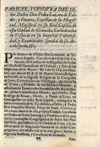 Parecer, y censvra del Señor Doctor Don Pedro Lazaro de Valdes...