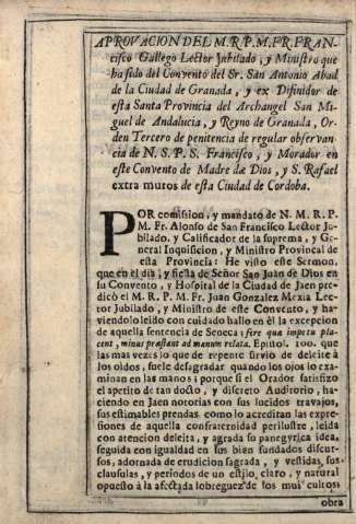 Aprovacion del M. R. P. M. Fr. Francisco Gallego...