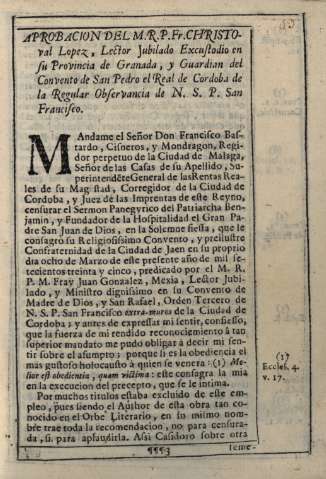 Aprovacion del M. R. P. Fr. Christoval Lopez...